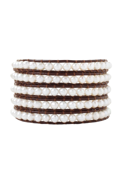 Chan Luu Wrap Bracelet White Pearl Brown Leather